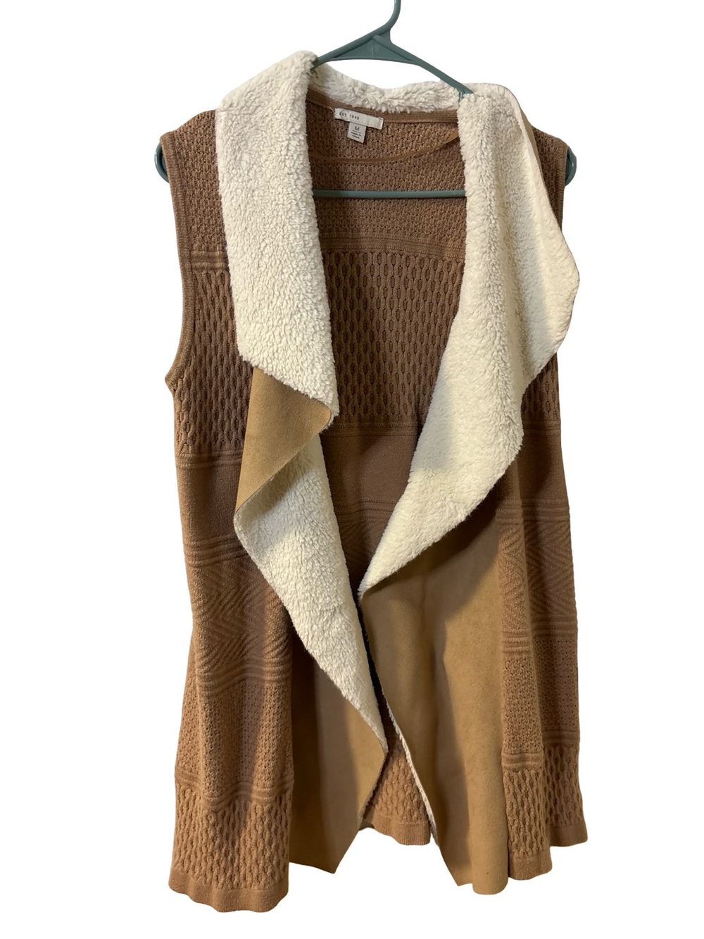 Sleeveless Brown Knit Cabin-core Western Vest Faux-Sherpa Collar Size Medium - Picture 2 of 8
